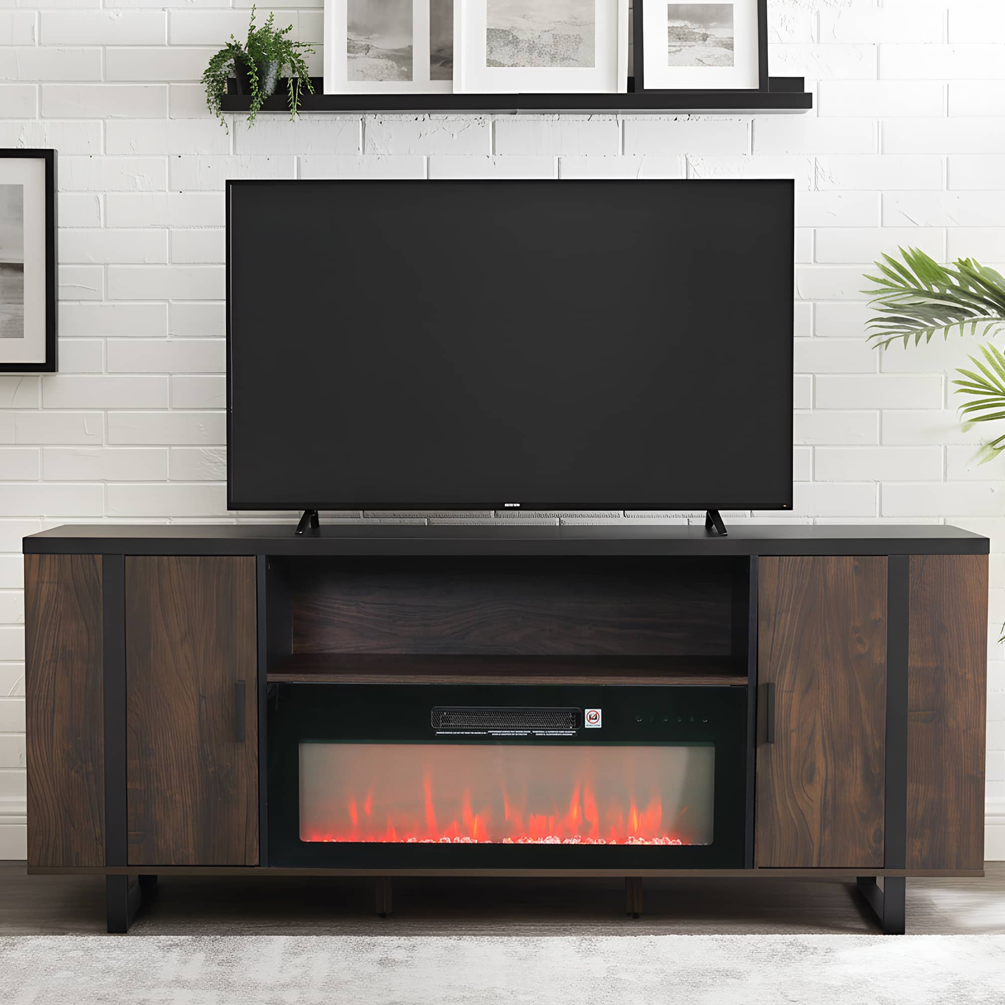 Parrot Uncle - 72" Farmhouse TV Stand with Electric Fireplace, Open Storage Shelves and Cabinets for TV up to 80" - Brown