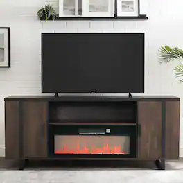 Parrot Uncle - 72" Farmhouse TV Stand with Electric Fireplace, Open Storage Shelves and Cabinets for TV up to 80" - Brown