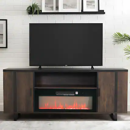 Front. Parrot Uncle - 72" Farmhouse TV Stand with Electric Fireplace, Open Storage Shelves and Cabinets for TV up to 80" - Brown.