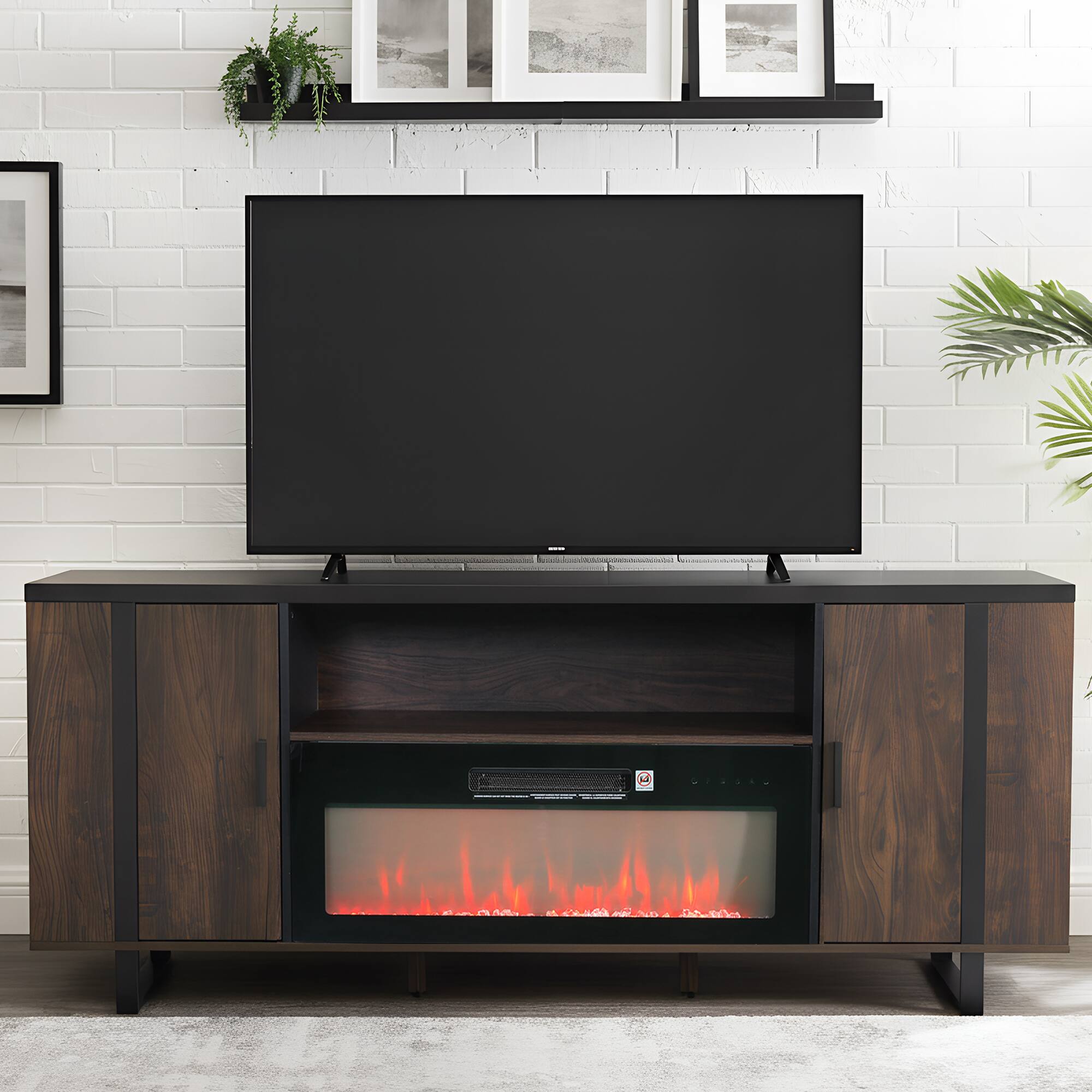 Front. Parrot Uncle - 72" Farmhouse TV Stand with Electric Fireplace, Open Storage Shelves and Cabinets for TV up to 80" - Brown.