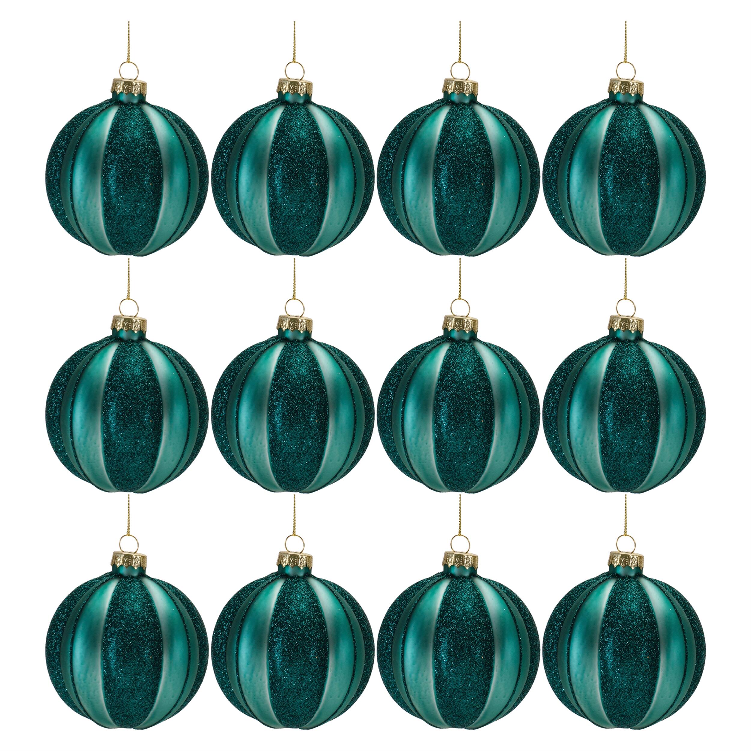 Left. BreeBe - Glittered Glass Ball Ornament (Set of 12) - Green.