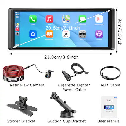 16:43 114G
Phone Music Maps Messages 20.6cm/8.1inch WED 28
Audiobooks Calendar Settings - 21.8cm/8.6inch Now Playing Podcasts 9cm/3.5inch
Rear View Camera Cigarette Lighter Power Cable AUX Cable - SSODO
User Manual Sticker Bracket Suction Cup Bracket User Manual