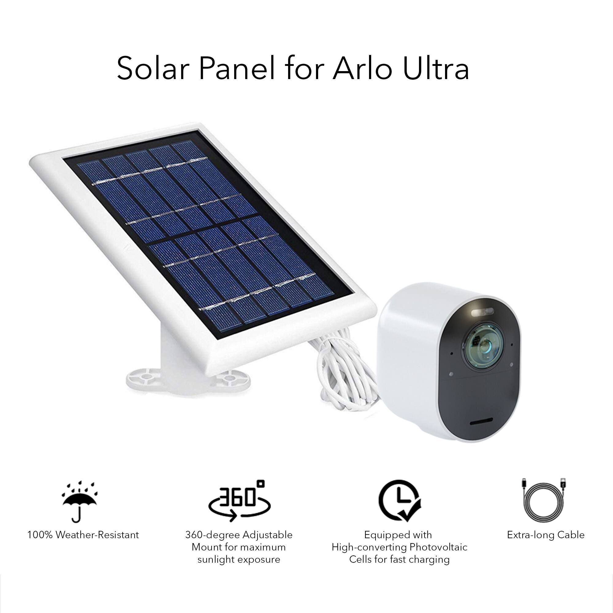 Solar Panel for Arlo Ultra

- 100% Weather-Resistant
- 360-degree Adjustable Mount for maximum sunlight exposure
- Equipped with High-converting Photovoltaic Cells for fast charging
- Extra-long Cable