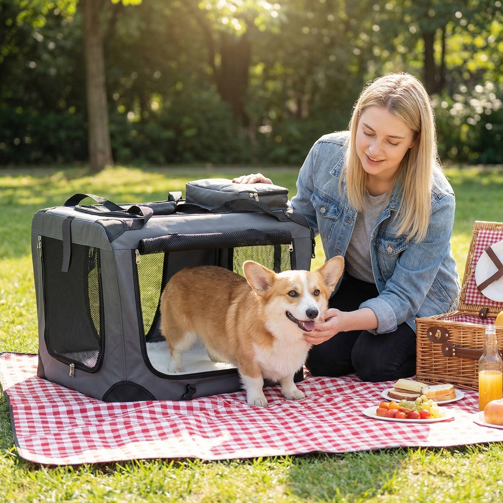 Alt View 4. Gymax - Gymax 24'' Collapsible Soft Dog CratePortable Dog Travel Crate w/Mesh Windows 3 Doors - Gray.
