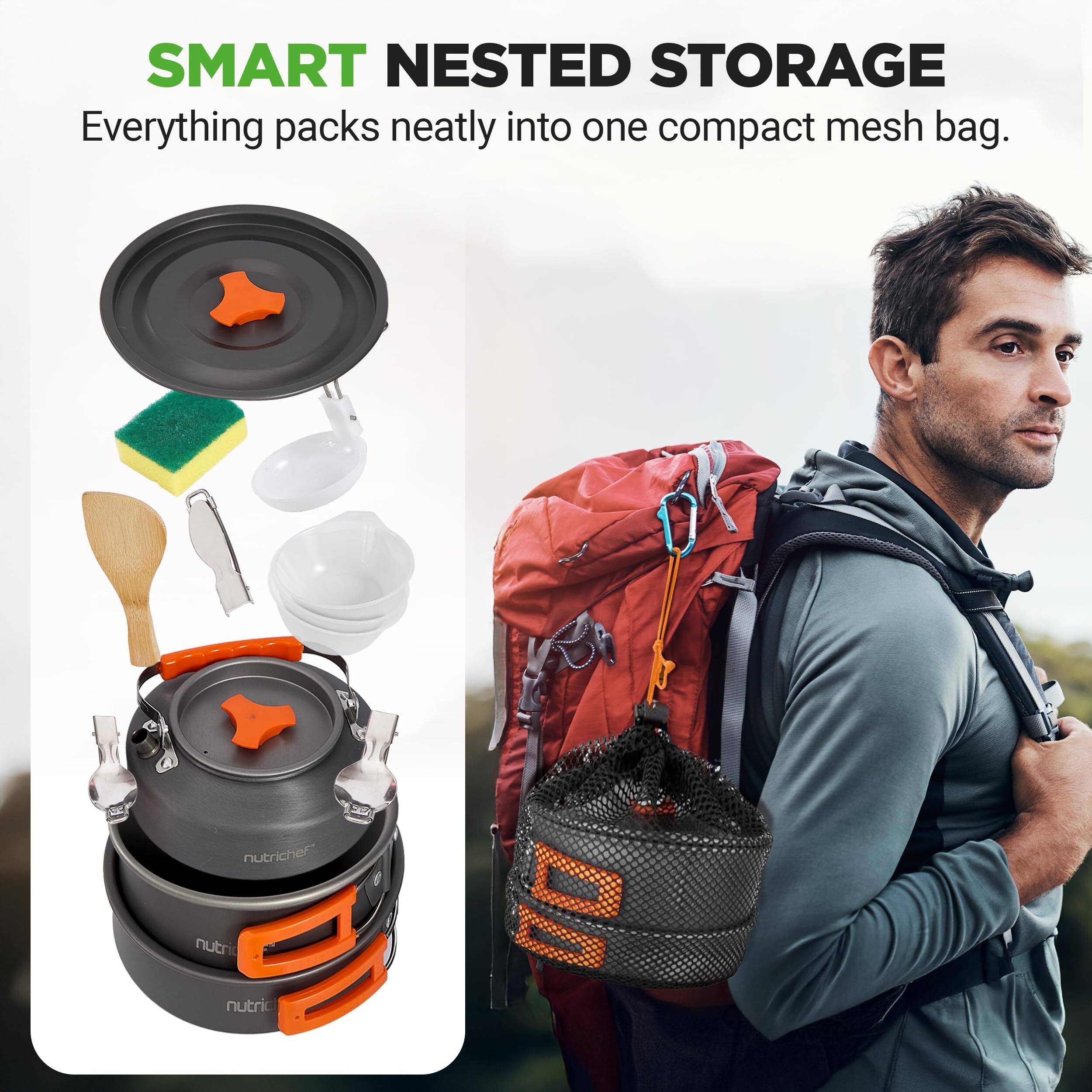 SMART NESTED STORAGE  
Everything packs neatly into one compact mesh bag.