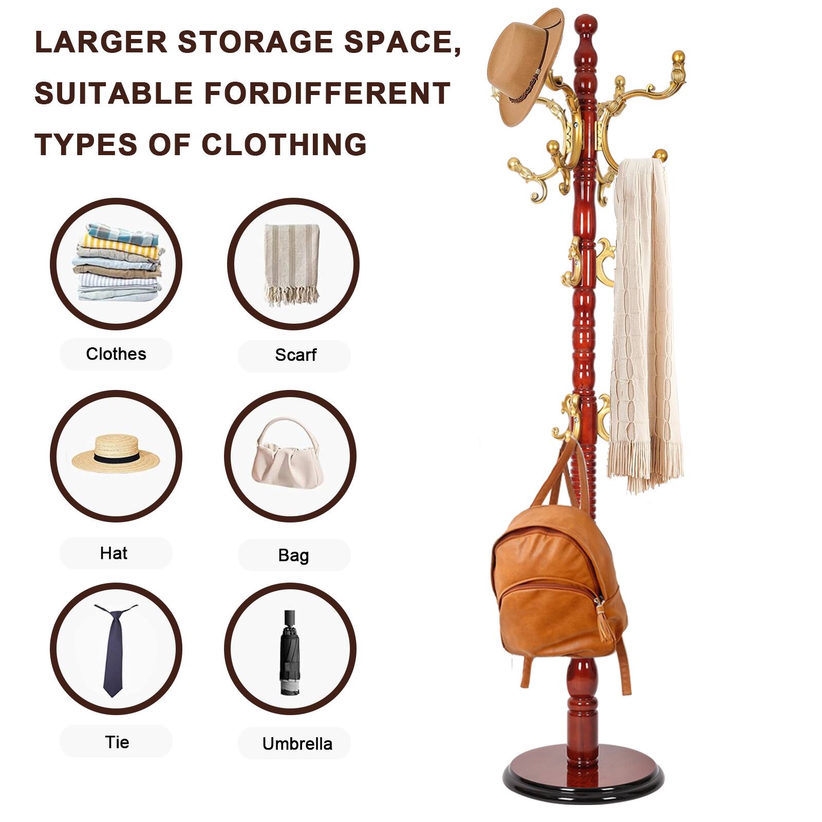 Larger storage space, suitable for different types of clothing: Clothes, Scarf, Hat, Bag, Tie, Umbrella.