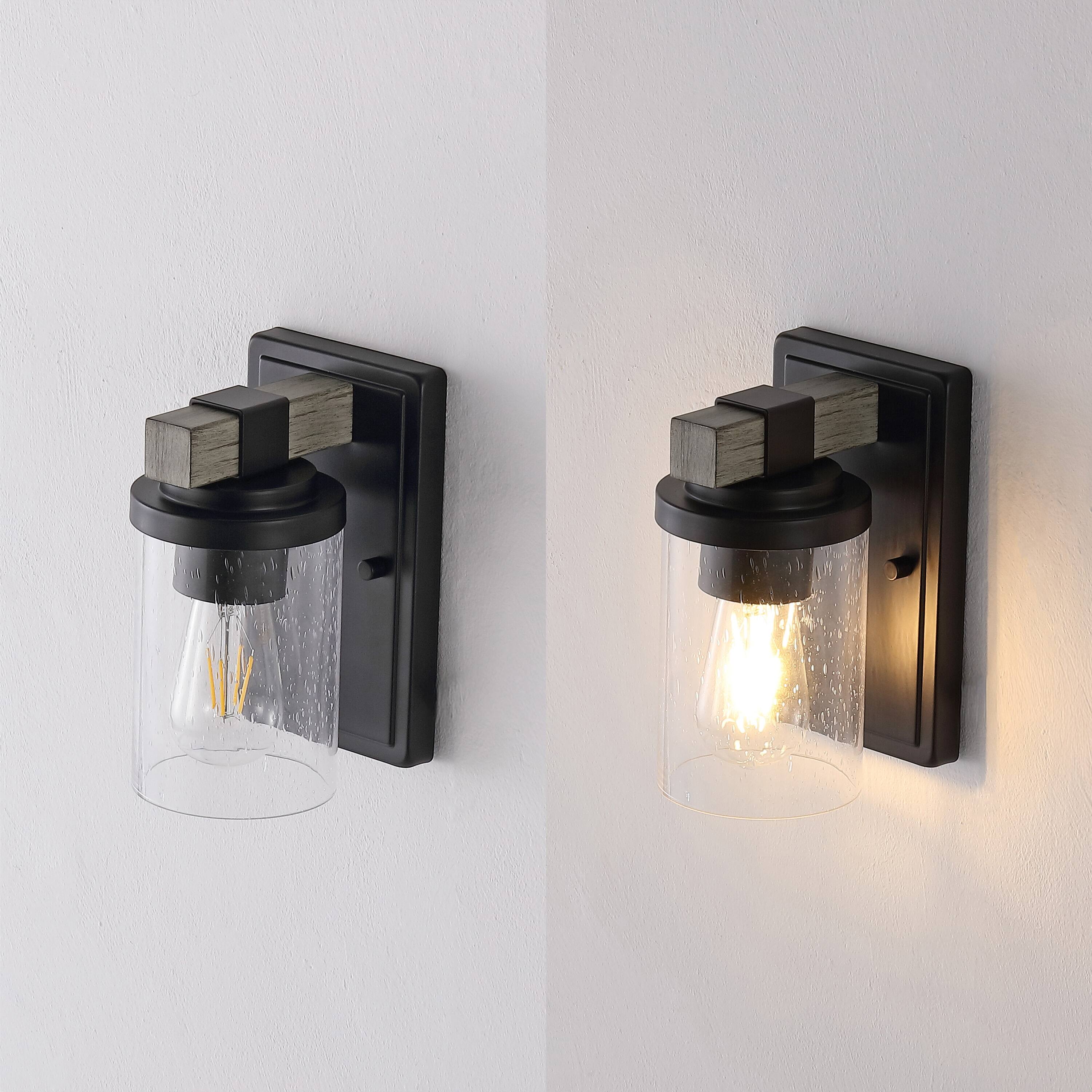 Alt View 4. Jonathan Y - Bungalow 4.5" 1-Light Iron/Seeded Glass Rustic Farmhouse LED Vanity Light, Black/Gray Oak Wood Finish - Black/Gray Oak Wood Finish.