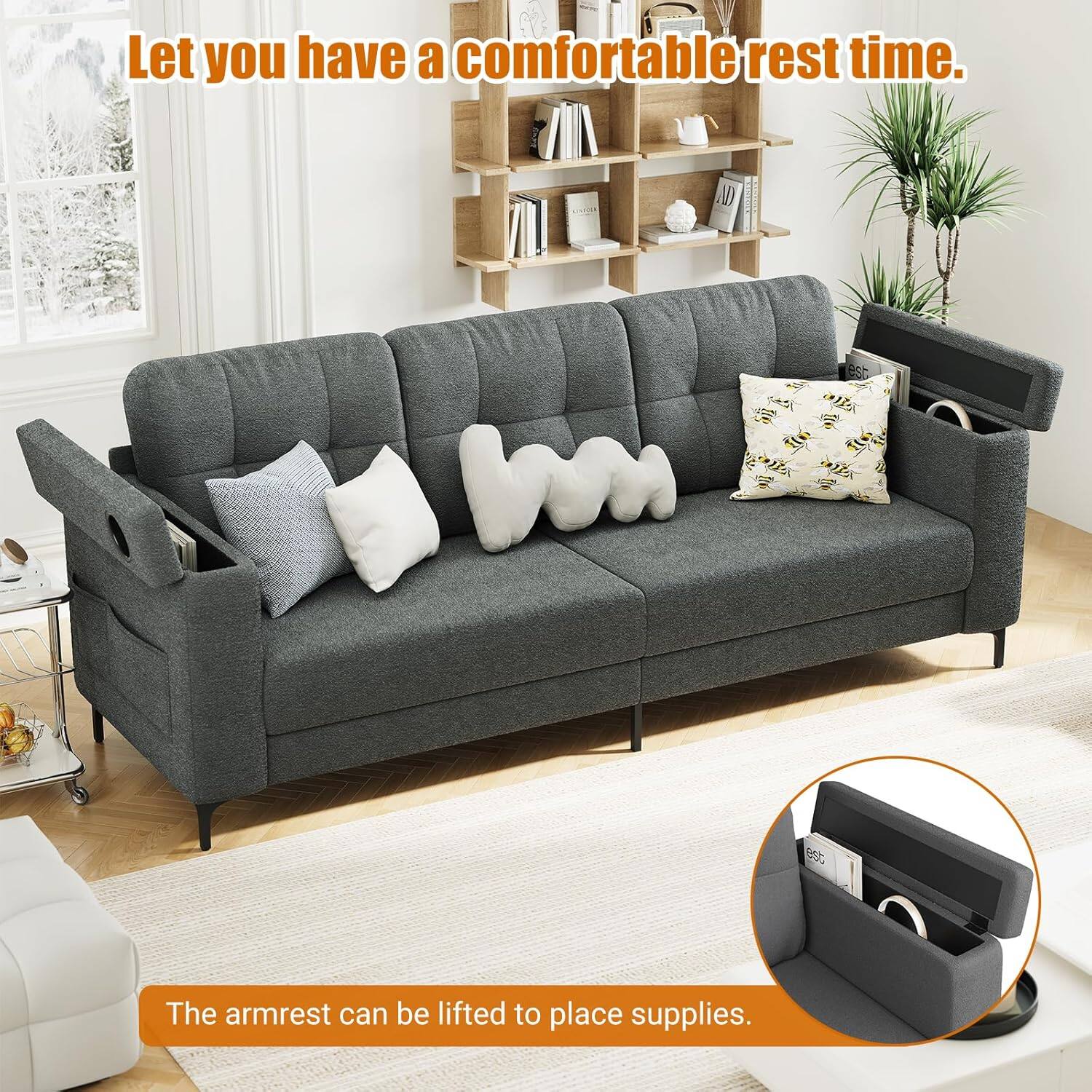 Let you have a comfortable rest time.  
The armrest can be lifted to place supplies.
