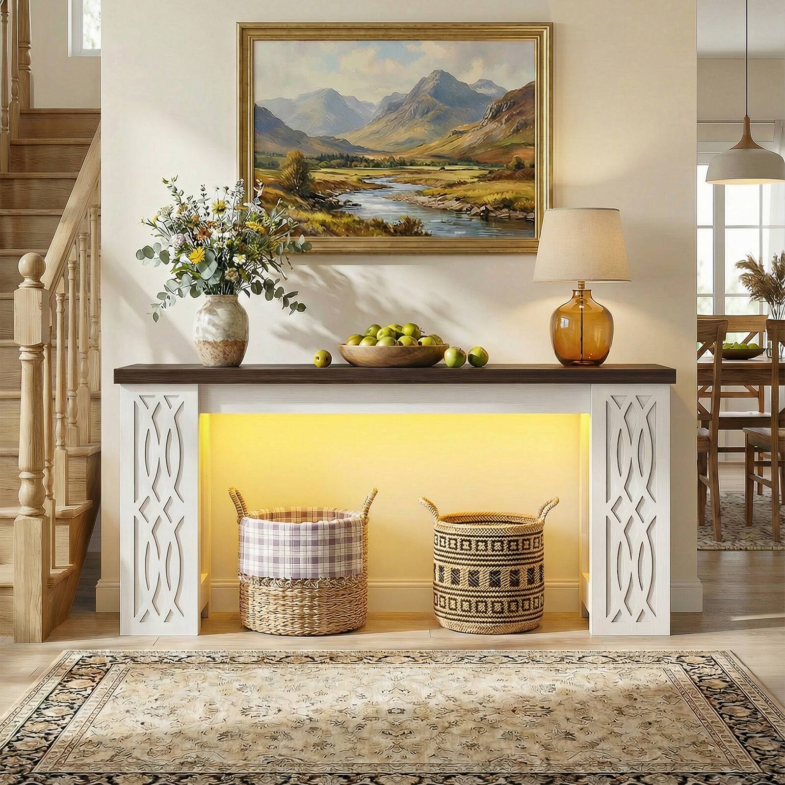 Back. Aheaplus - 63' Farmhouse Console Table - Narrow Entryway Table with Charging Station and RGB LED Lights - White & Walnut.