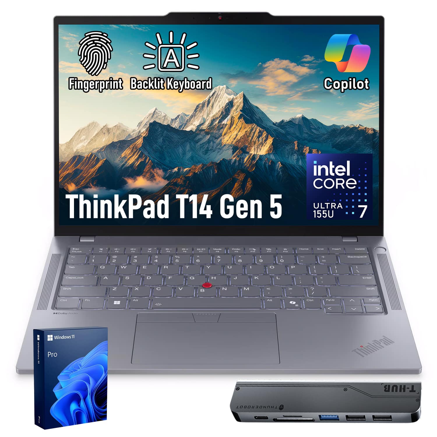 A Fingerprint Backlit Keyboard Copilot ThinkPad T14 Gen 5 intel CORE ULTRA 155U 7

Windows 11 Pro

ThinkPad T-HUB