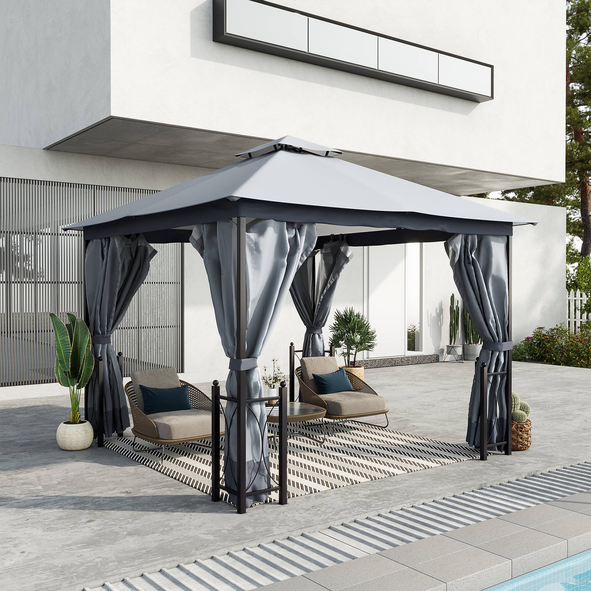 Alt View 1. Outsunny - 11' x 13' Patio Gazebo, Double Roof Outdoor Gazebo Canopy Shelter with Netting & Curtains, Steel Corner Columns - Grey.