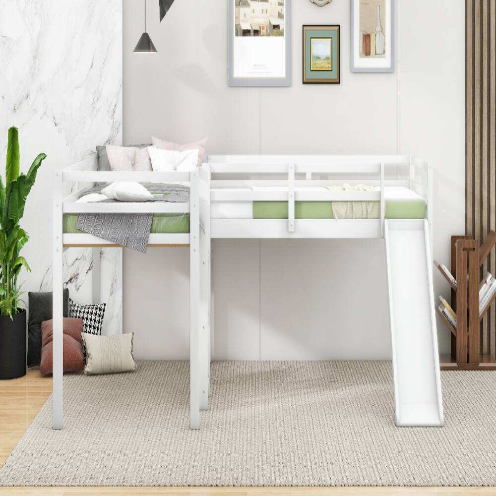 Alt View 1. Loheer - Loheer L-Shaped Twin Loft Bed with Slide and Ladder, White Corner Bed - White.
