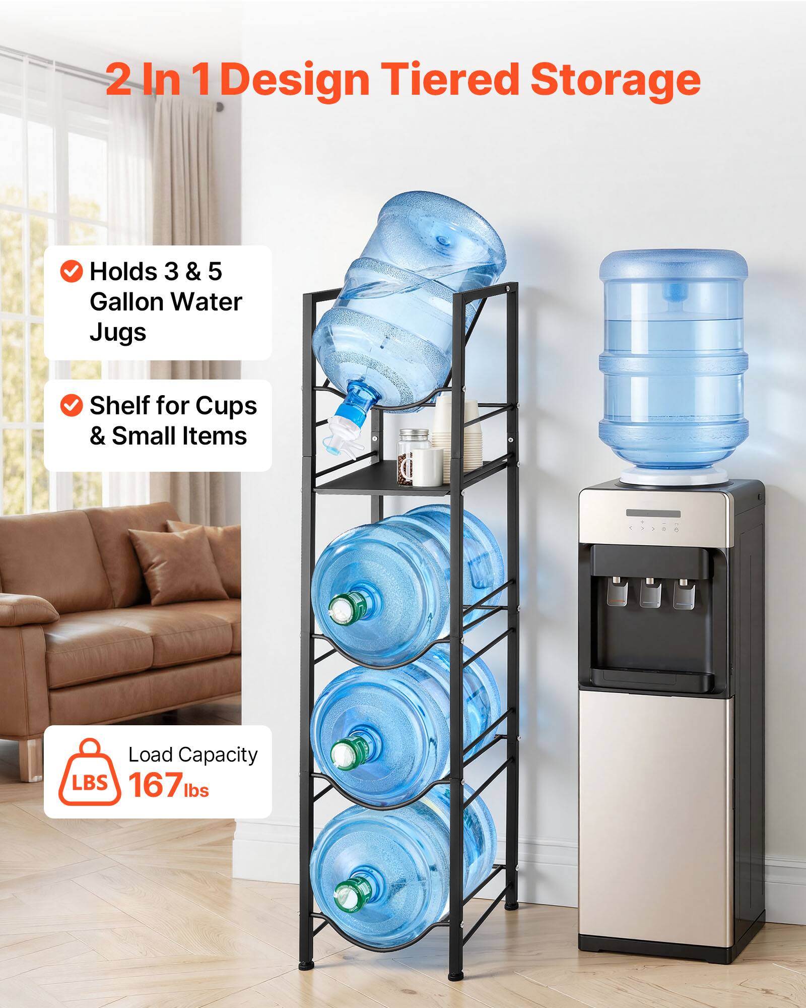 2 In 1 Design Tiered Storage Holds 3 & 5 Gallon Water Jugs Shelf for Cups & Small Items Load Capacity LBS 167 lbs