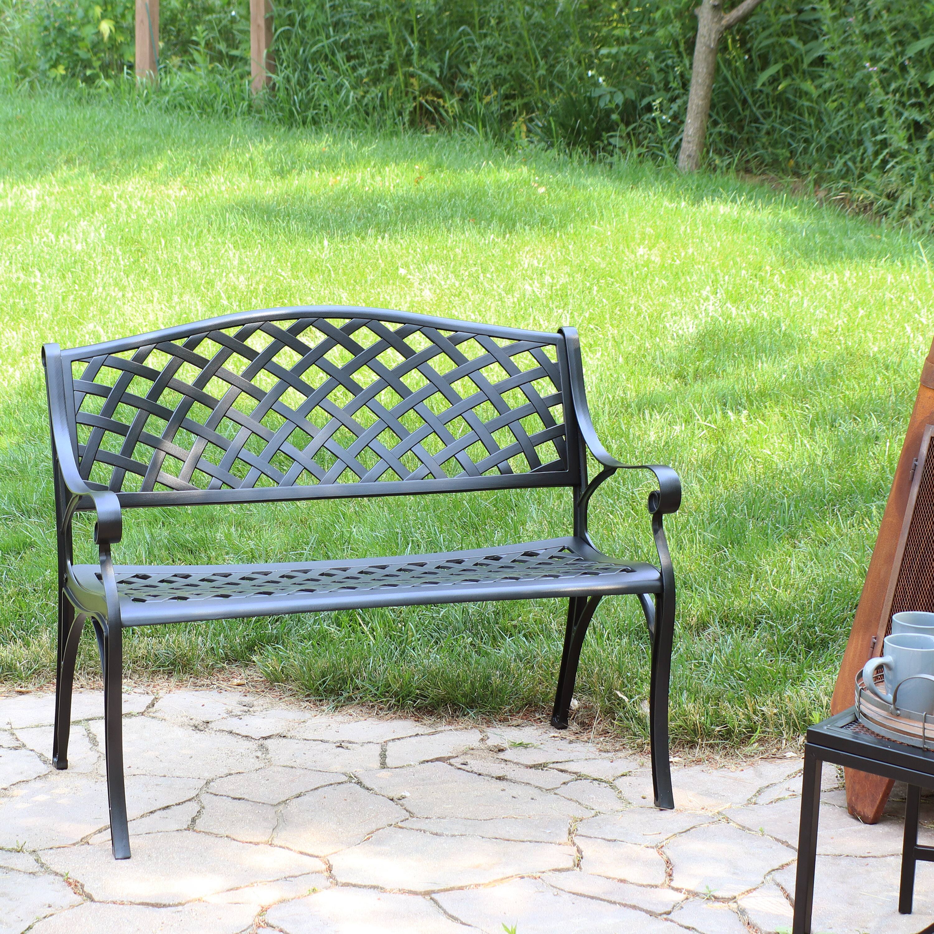 Alt View 7. Sunnydaze - 2-Person Checkered Cast Aluminum Outdoor Garden Bench - Black.