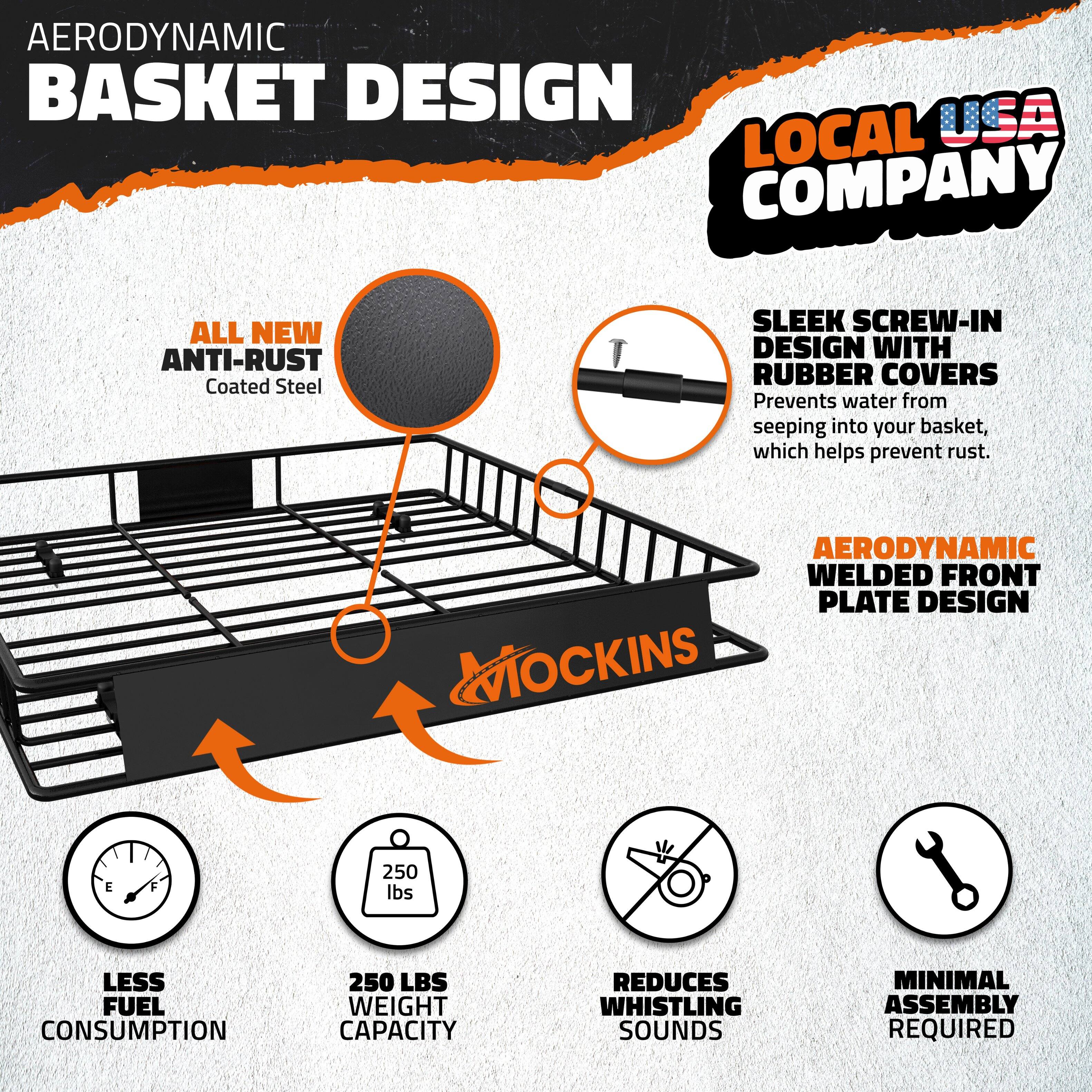 AERODYNAMIC BASKET DESIGN  
USA LOCAL COMPANY  

ALL NEW ANTI-RUST Coated Steel  

SLEEK SCREW-IN DESIGN WITH RUBBER COVERS  
Prevents water from seeping into your basket, which helps prevent rust.  

AERODYNAMIC WELDED FRONT PLATE DESIGN  

LESS FUEL CONSUMPTION  
250 LBS WEIGHT CAPACITY  
REDUCES WHISTLING SOUNDS  
MINIMAL ASSEMBLY REQUIRED