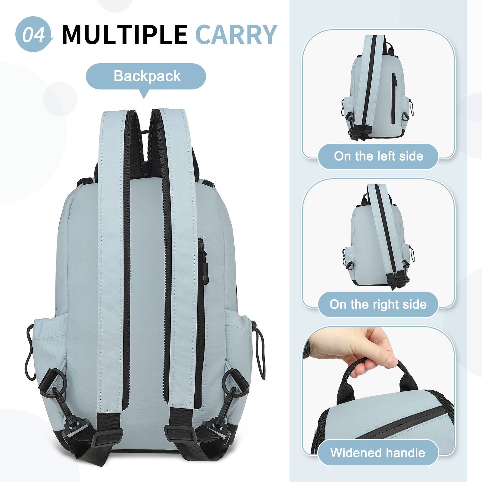 04 MULTIPLE CARRY  
Backpack  
On the left side  
On the right side  
Widened handle