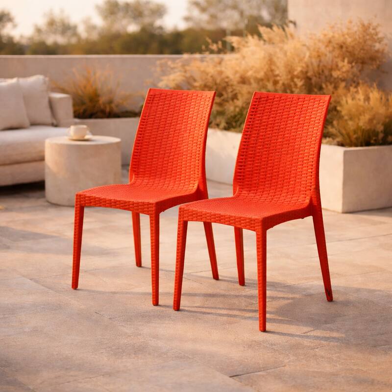 Angle. LeisureMod - Mace 2-Pieces Modern Ergonomic Dining Chair with Stackable and Wicker Style - Orange.
