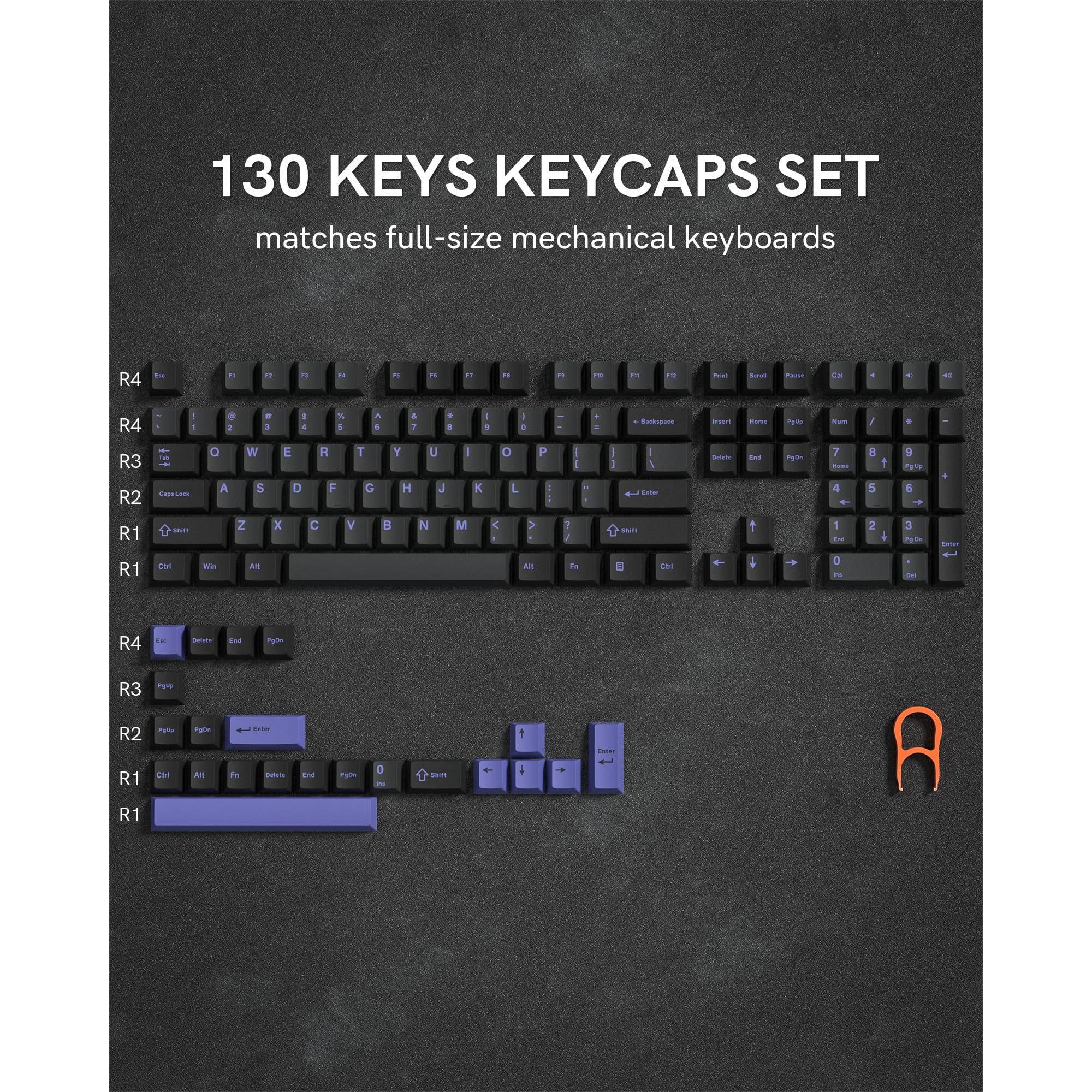 130 KEYS KEYCAPS SET  
matches full-size mechanical keyboards

R4  
Esc  
F1 F2 F3 F4 F5 F6 F7 F8 F9 F10 F11 F12  
R4  
1 2 3 4 5 6 7 8 9 0 - = Backspace  
R4  
Q W E R T Y U I O P [ ] \  
R3  
A S D F G H J K L ; ' Enter  
R2  
Caps Lock Shift Z X C V B N M , . /  
R1  
Ctrl Win Alt Spacebar  

R4  
PgUp PgDn End Home  
R3  
PgUp PgDn Enter  
R2  
Ctrl Alt Fn Meta End Home  
R1  
Ctrl Alt Fn Meta Shift  

R1  
Shift  
R1  
Shift  

R2  
PgDn PgUp  
R1  
PgDn PgUp  

R1  
PgDn PgUp