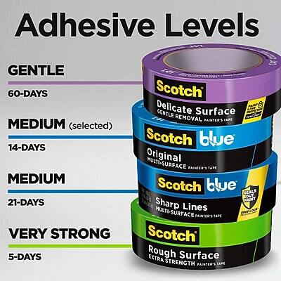 Adhesive Levels

GENTLE
- 60-DAYS
- Scotch Delicate Surface REMOVAL PAINTER'S TAPE

MEDIUM (selected)
- 14-DAYS
- Scotch blue Original MULTI SURFACE PAINTER'S TAPE

MEDIUM
- 21-DAYS
- Scotch blue Sharp Lines MULTI-SURFACE PAINTER'S TAPE

VERY STRONG
- 5-DAYS
- Scotch Rough EXTRA Surface STRENGTH PAINTER'S TAPE