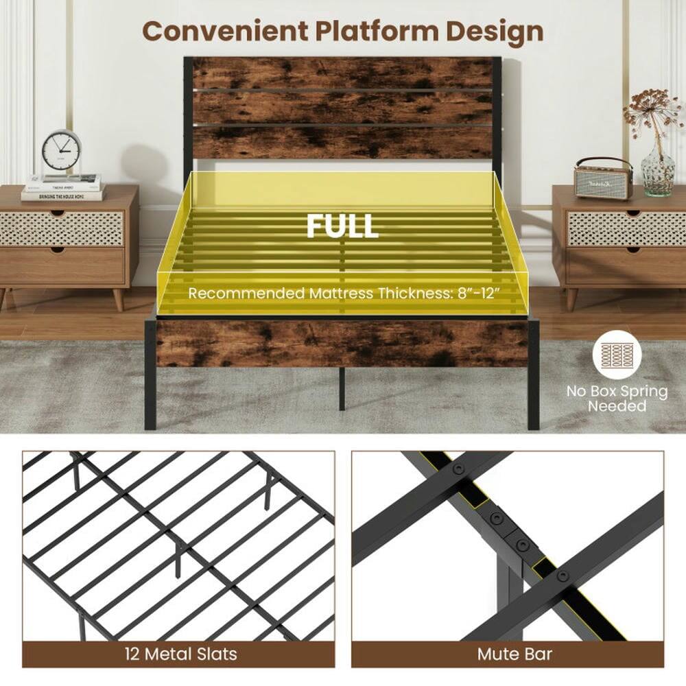 Convenient Platform Design

Recommended Mattress Thickness: 8"-12"  
No Box Spring Needed

12 Metal Slats  
Mute Bar