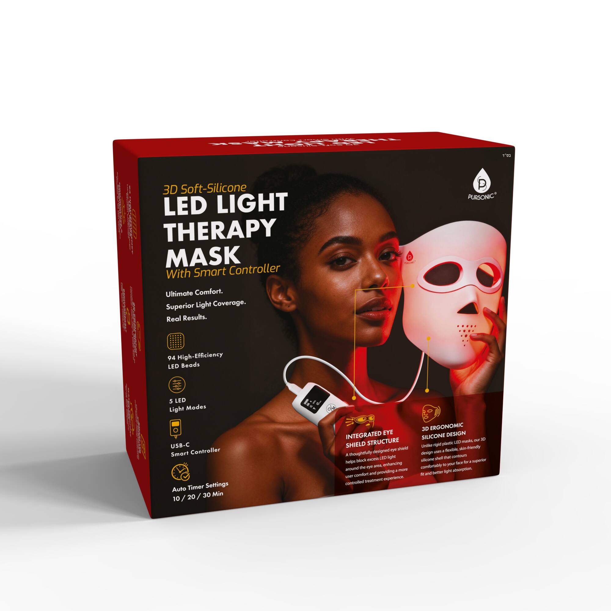 WA addm I | 3D Soft-Silicone LED LIGHT THERAPY MASK With Smart Controller Ultimate Comfort. Superior Light Coverage. Real Results. 1m P PURSONIC 94 High-Efficiency LED Beads 3 LED Light Modes USB-C Smart Controller Auto Timer Settings 10/20/30 Min INTEGRATED EYE SHIELD STRUCTURE - thoughtfully designed to enhance skin tone and operability controlled 3D ERGONOMIC SILICONE DESIGN - Unique design uses LED light masks, only adjustable to your face for a seamless and better light absorption.