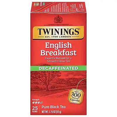 1. TWININGS EST. 1706 LONDON
2. English Breakfast
3. Expertly Blended for a Smooth Classic Tea
4. DECAFFEINATED
5. Over 300 Years of Strength Expertise
6. 25 Pure Black Tea
7. NET WT. 1.76 OZ (50 g)
