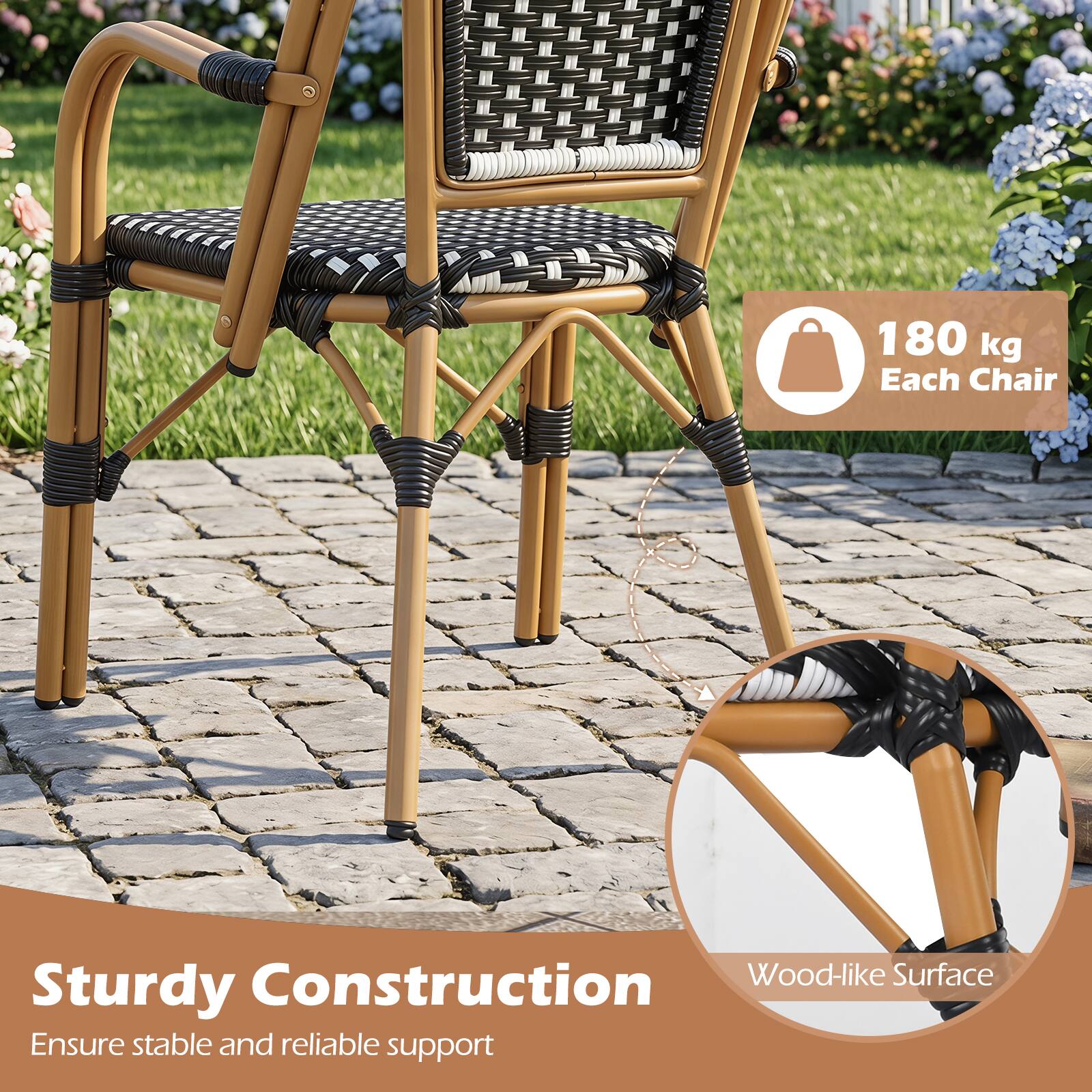 180 kg Each Chair  
Sturdy Construction  
Wood-like Surface  
Ensure stable and reliable support