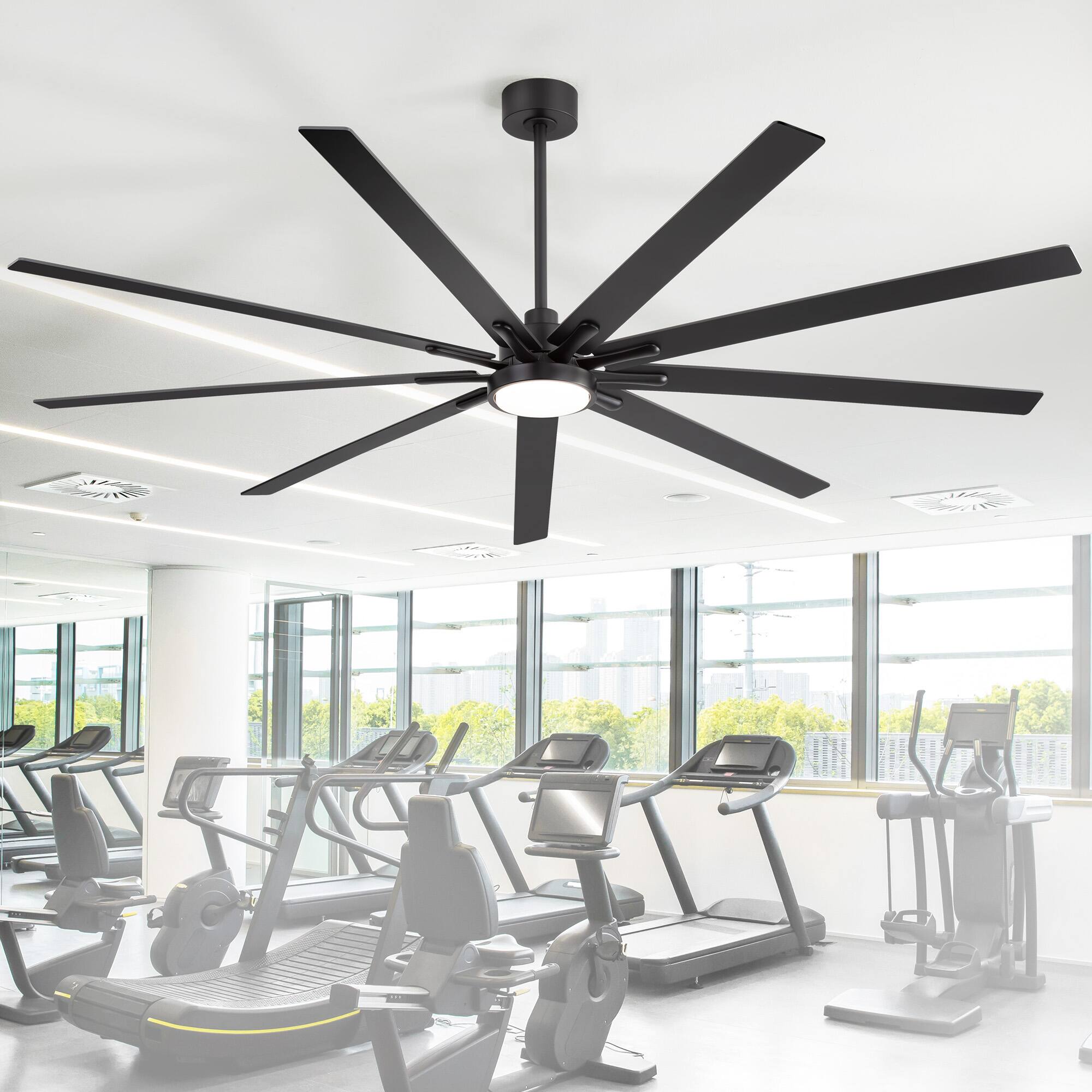 Angle. Breezary - 84 Inch Great Ceiling Fan with Remote Control, 9 Reversible Plywood Blades, DC Motor, 3 Downrods, Light/No Light Options - Black (With Light).