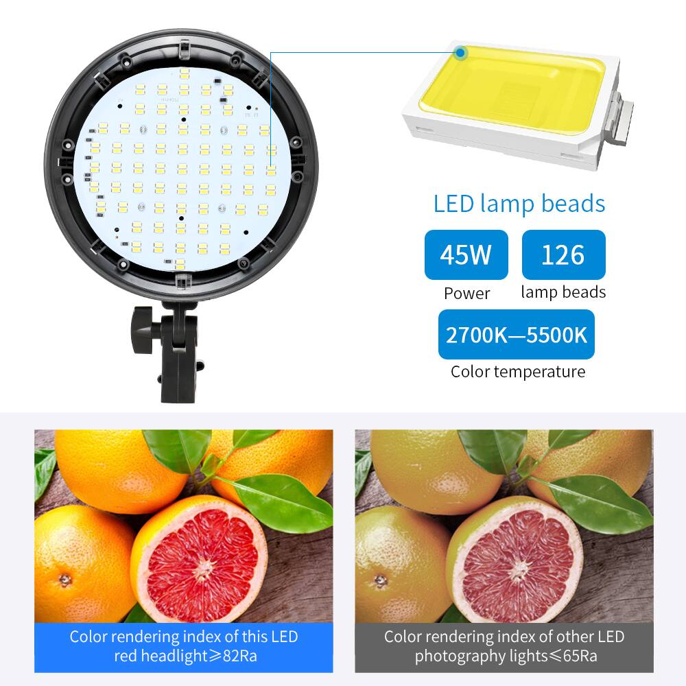 LED lamp beads  
45W  
126  
Power  
lamp beads  
2700K-5500K  
Color temperature  
Color rendering index of this LED red headlight ≥ 82Ra  
Color rendering index of other LED photography lights ≤ 65Ra