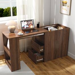 GOODSILO - Modern Corner Computer Desk with Drawers & Storage - Extendable Table, Home Office Workstation - Walnut