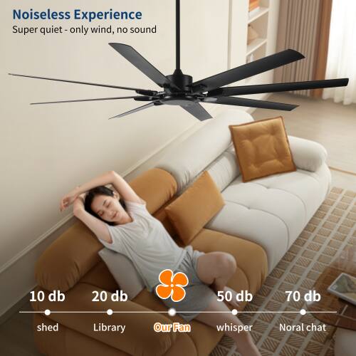 Noiseless Experience  
Super quiet - only wind, no sound  

10 db - shed  
20 db - Library  
50 db - Our Fan whisper  
70 db - Normal chat