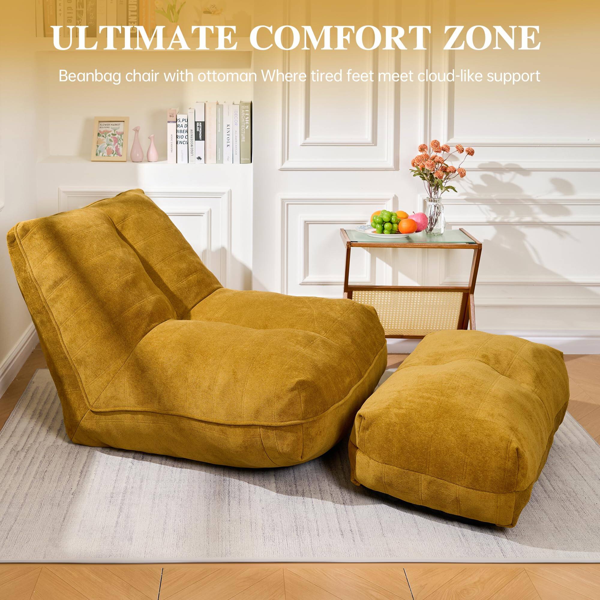 ULTIMATE COMFORT ZONE  
Beanbag chair with ottoman  
Where tired feet meet cloud-like support
