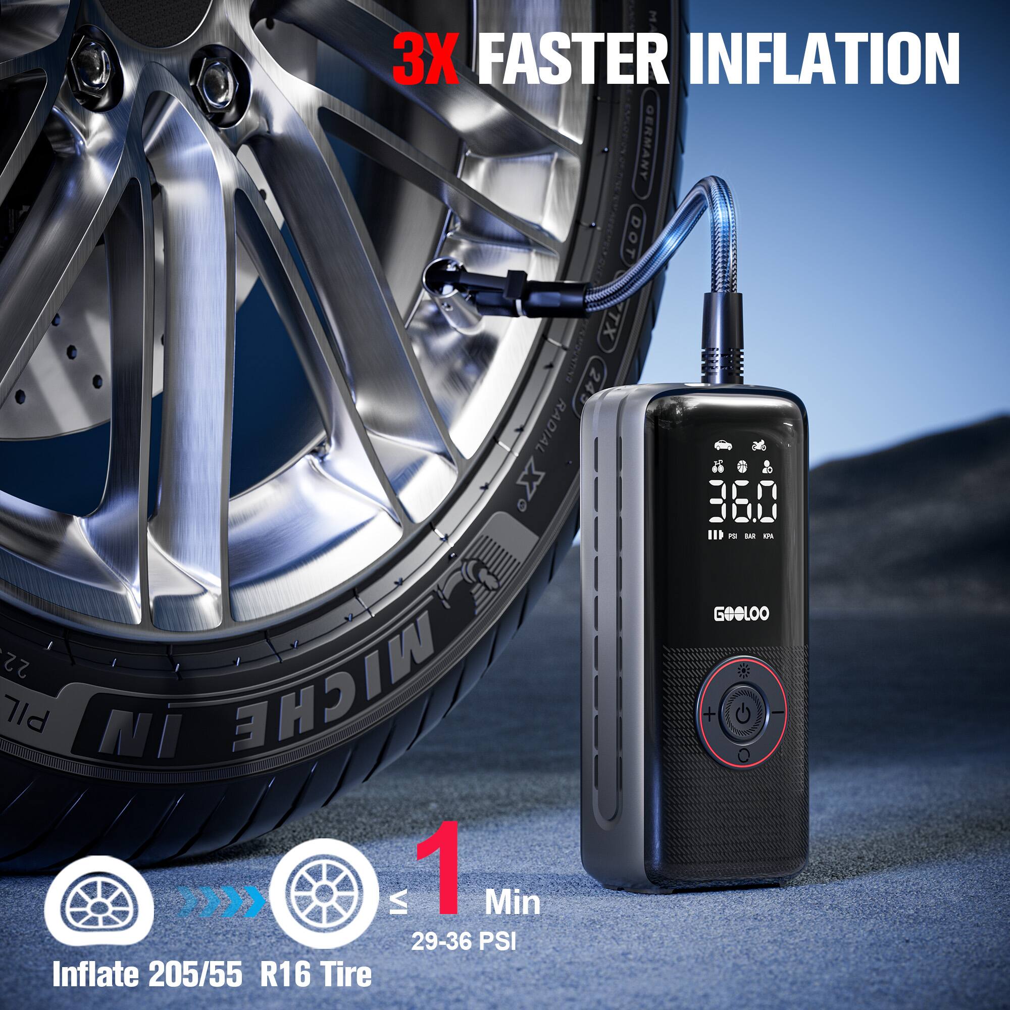 3X FASTER INFLATION

GOOLOO

1 Min
Inflate 205/55 R16 Tire
29-36 PSI