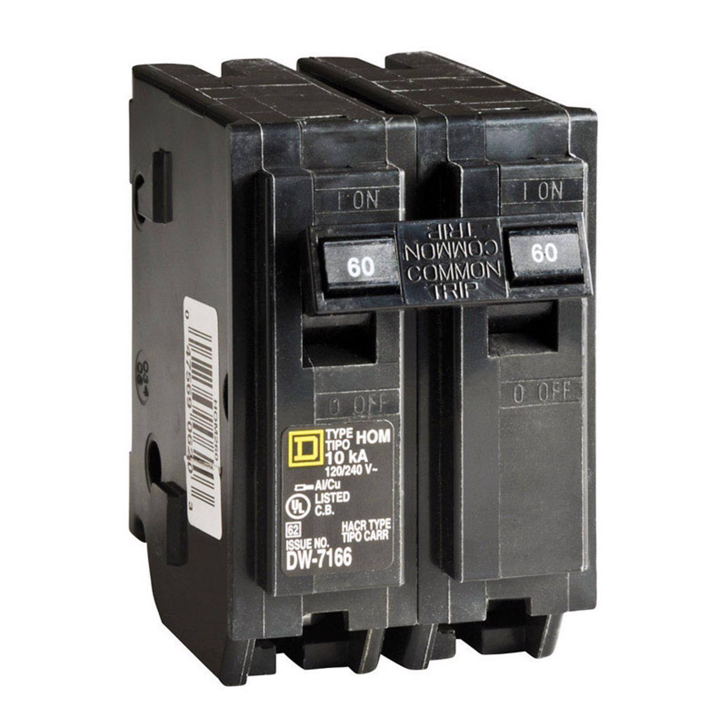 I'ON | ON TRIP COMMON 60 60 COMMON TRIP  
0 OFF TYPE HOM TIPO 10 kA 120/240 V- AUCu LISTED VL .. 62 HACR TYPE TIPO CARR ISSUE NO. DW-7166  
0 OFF
