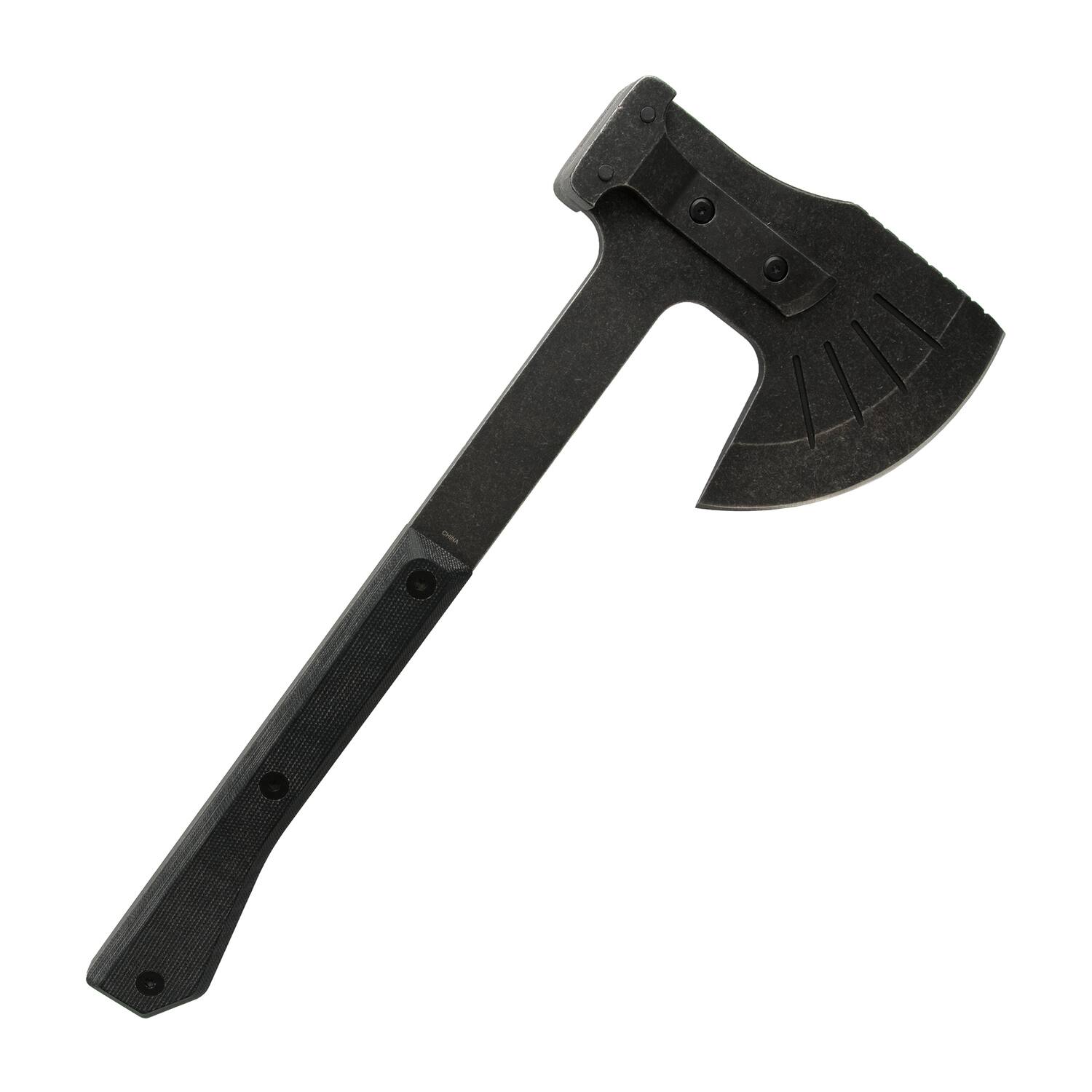 Back. SOG - Tactical Bushcraft Hatchet with 4.24" Steel Cutting Head, Nylon Blade Cover.