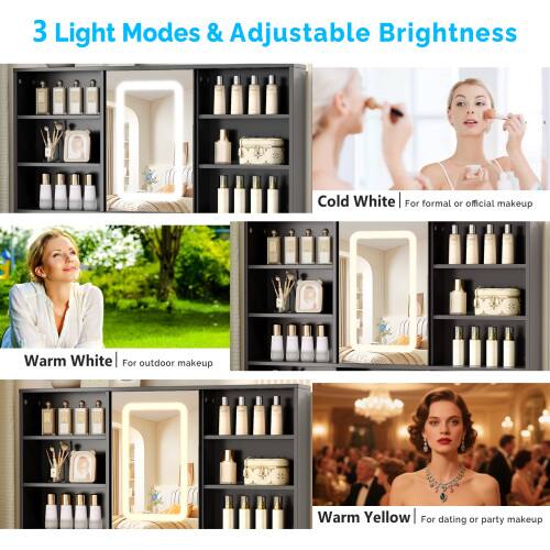 3 Light Modes & Adjustable Brightness

- Cold White | For formal or official makeup
- Warm White | For outdoor makeup
- Warm Yellow | For dating or party makeup