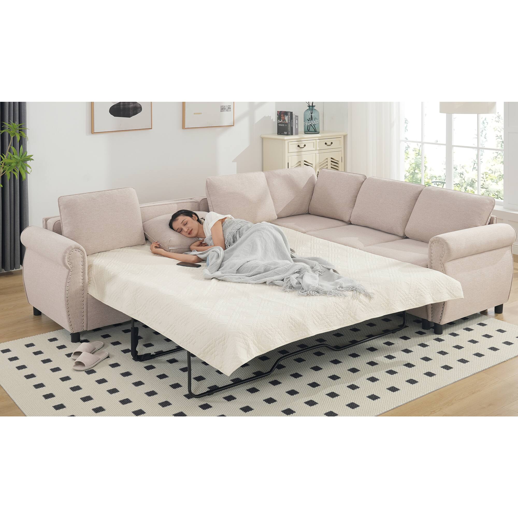 Back. Roomtec - Sleeper Sofa 2 in 1 Pull Out Couch Bed6 seater sofa bed L Shaped Sleeper Sectional Sofa - Beige.
