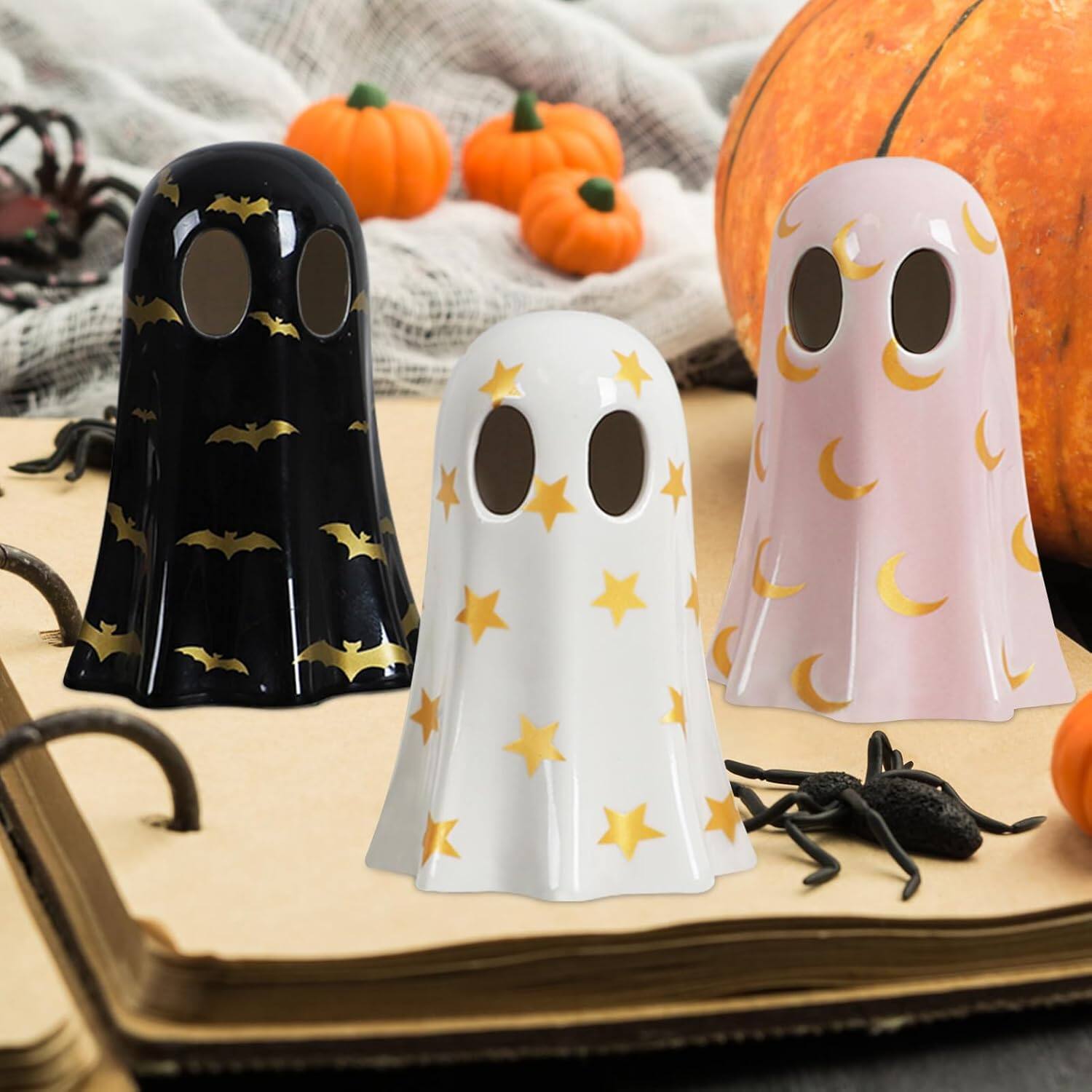 Alt View 4. Sunoyar - Halloween Ceramic Ghost Figurines with Witch Hats and Tea Lights 3 Piece Set - White.