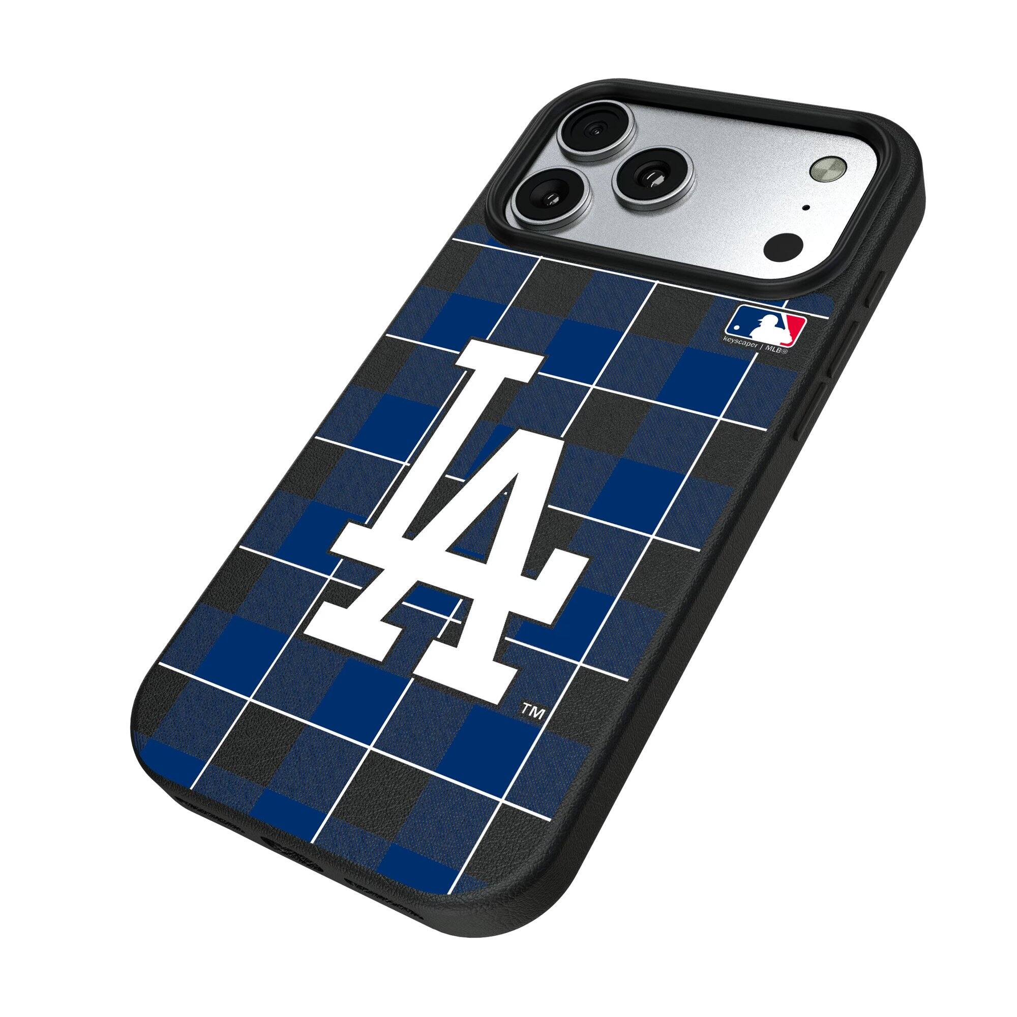 Alt View 1. Keyscaper - Los Angeles Dodgers Plaid Magnetic Bump iPhone Case - 15 Pro Max - Black.