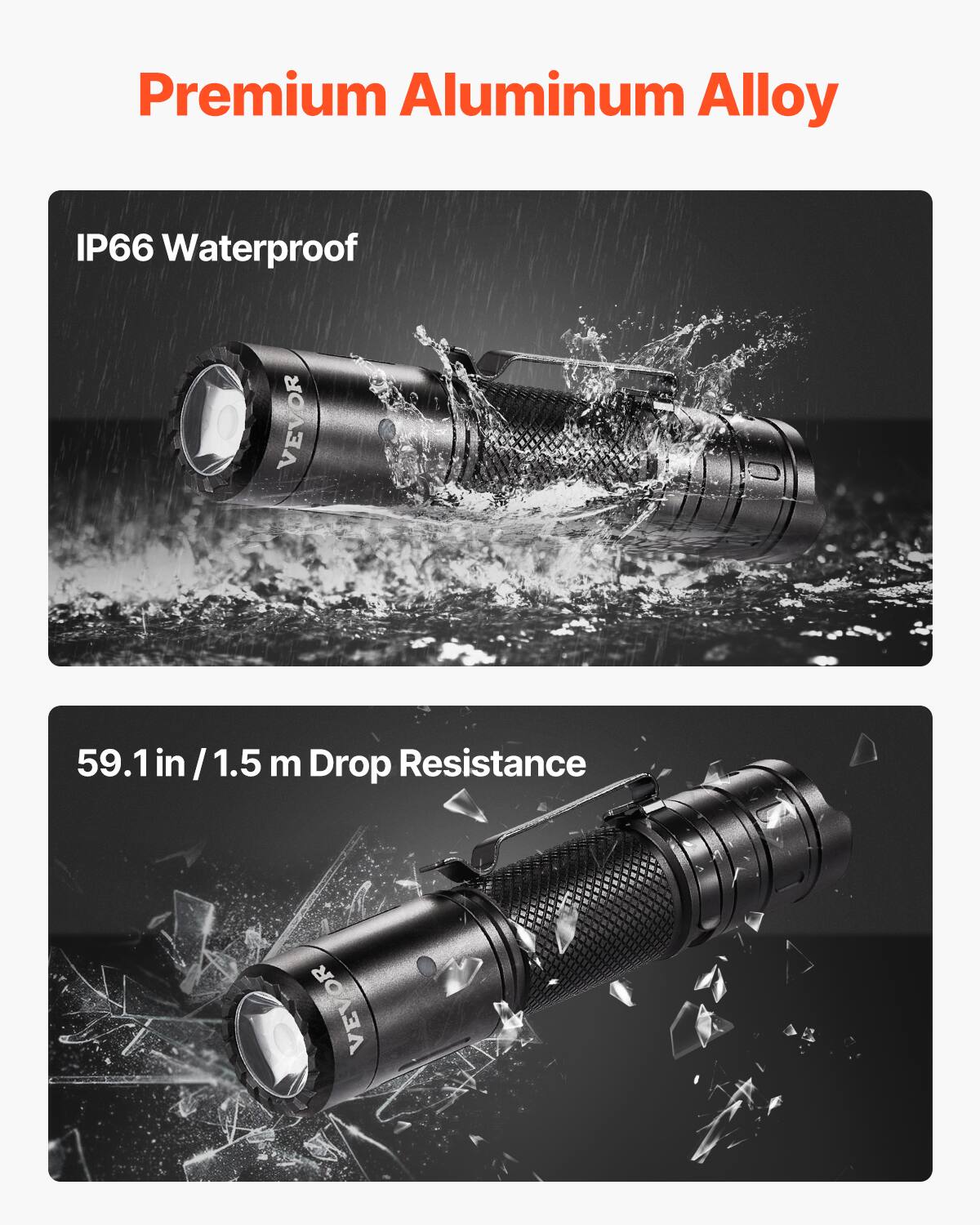 Premium Aluminum Alloy

IP66 Waterproof

59.1 in / 1.5 m Drop Resistance
