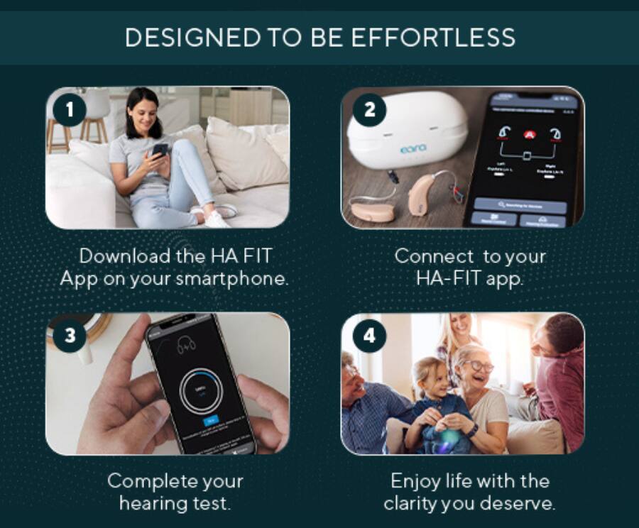 DESIGNED TO BE EFFORTLESS

1. Download the HA FIT App on your smartphone.
2. Connect to your HA-FIT app.
3. Complete your hearing test.
4. Enjoy life with the clarity you deserve.