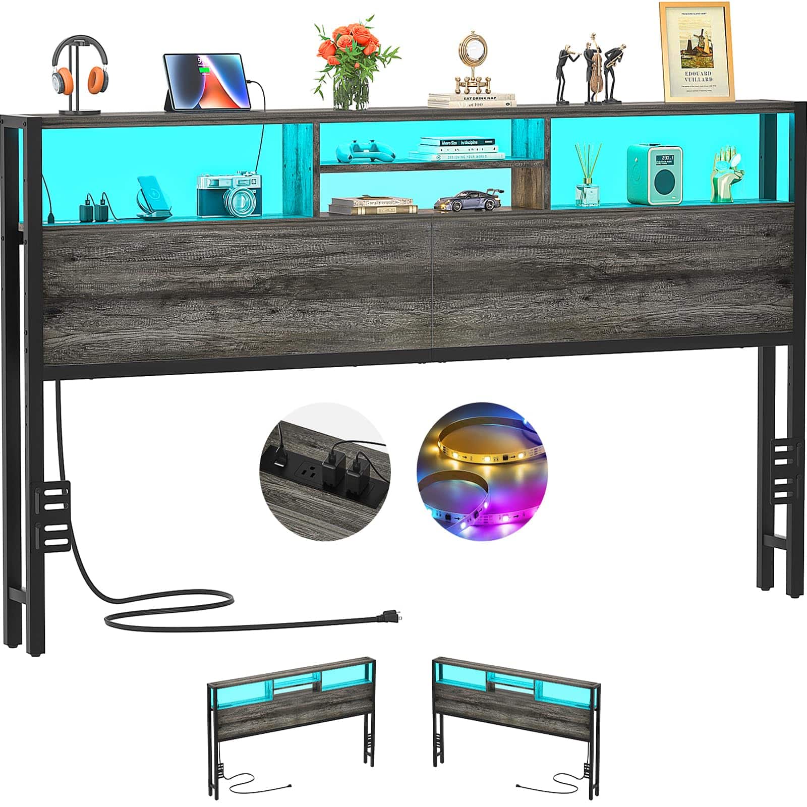 Aheaplus - King Size Storage Headboard Only - Built-in Outlets, USB, LED Light, Height Adjustable, Reversible, Sturdy & Stable - Gray Oak
