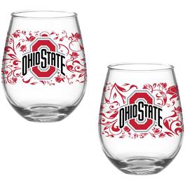 Indigo Falls - Ohio State Buckeyes Two-Pack 15oz. Floral Stemless Glass Set - Multicolor