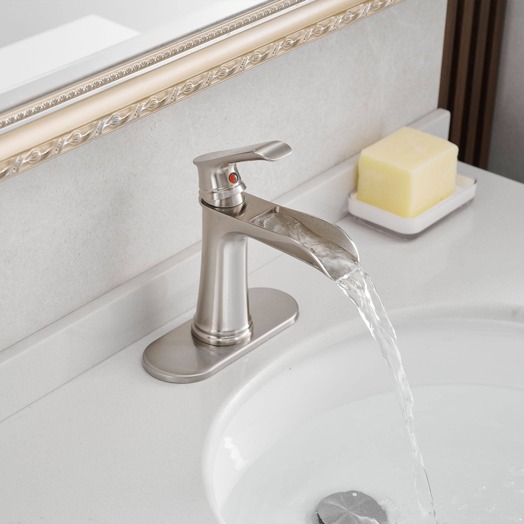 Left. Boyel Living - Single Handle Single Hole Bathroom Faucet Brushed Nickel with Deck Plate Pop Up Drain and Water Supply Hoses - Brushed Nickel.