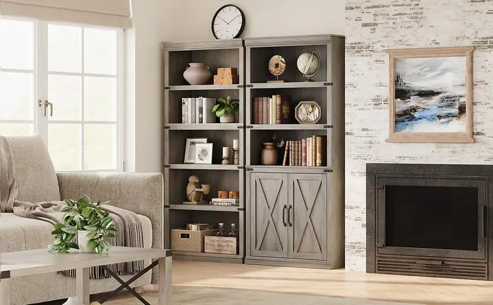 Acekool - Compact 5 Tier Bookcase, Farmhouse Wood Bookshelves with Open Shelves & Doors - Gray