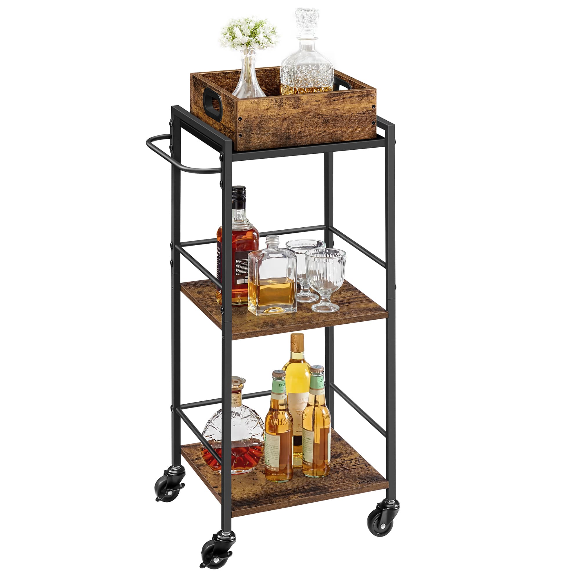 Songmics Home - Kitchen Serving Cart with Removable Tray, 3-Tier Kitchen Utility Cart on Wheels with Storage, with Brakes, Leveling Feet - Rustic Brown and Matte Black