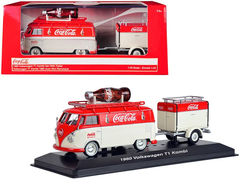 1960 Volkswagen T1 Kombi Van With Trailer  
Volkswagen T1 Kombi 1960 Avec Mini Remorque  
1:43 Scale - Échelle 1:43  

Coca-Cola  
Drink Coca-Cola  

1960 Volkswagen T1 Kombi