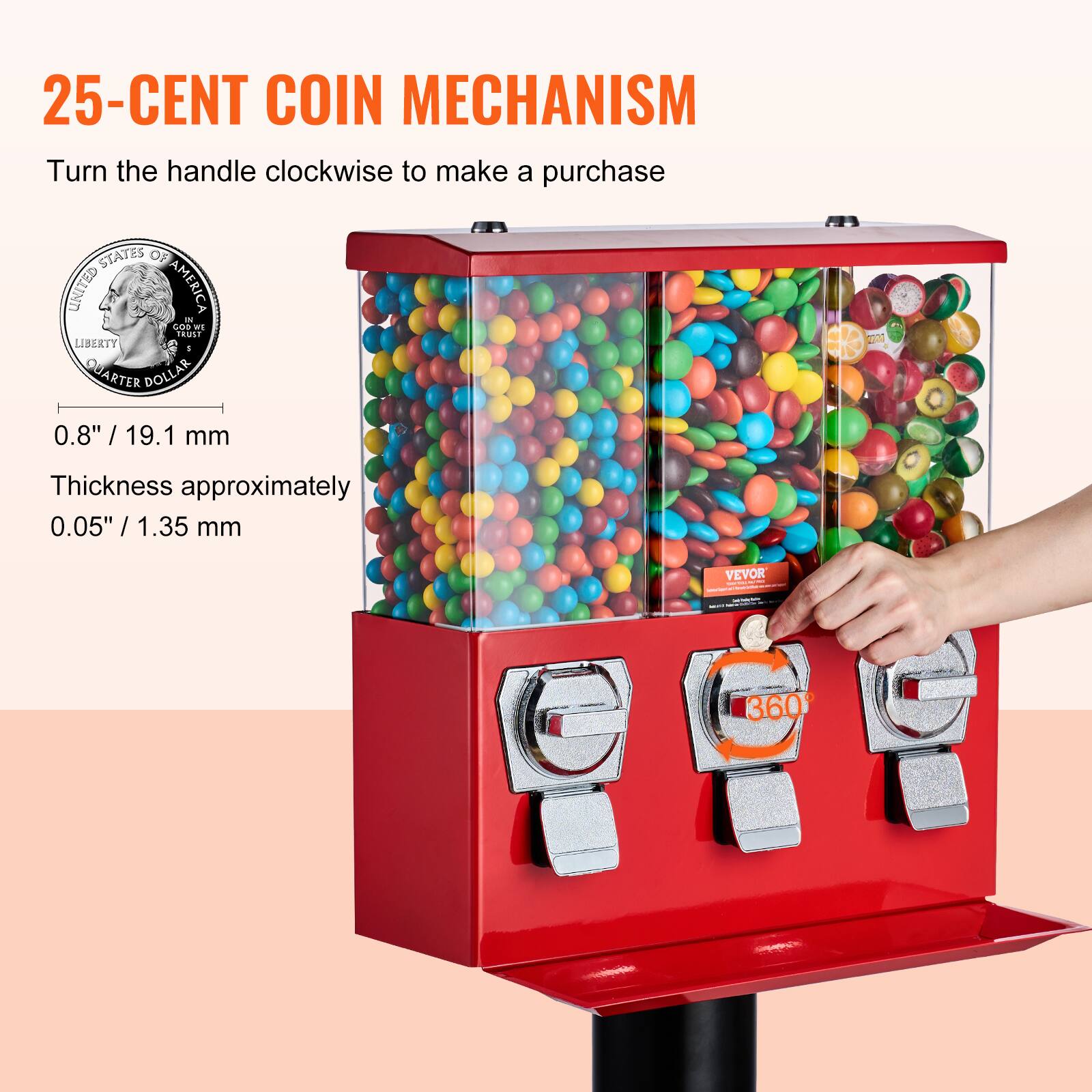 25-CENT COIN MECHANISM

Turn the handle clockwise to make a purchase

0.8" / 19.1 mm

Thickness approximately 0.05" / 1.35 mm

360°