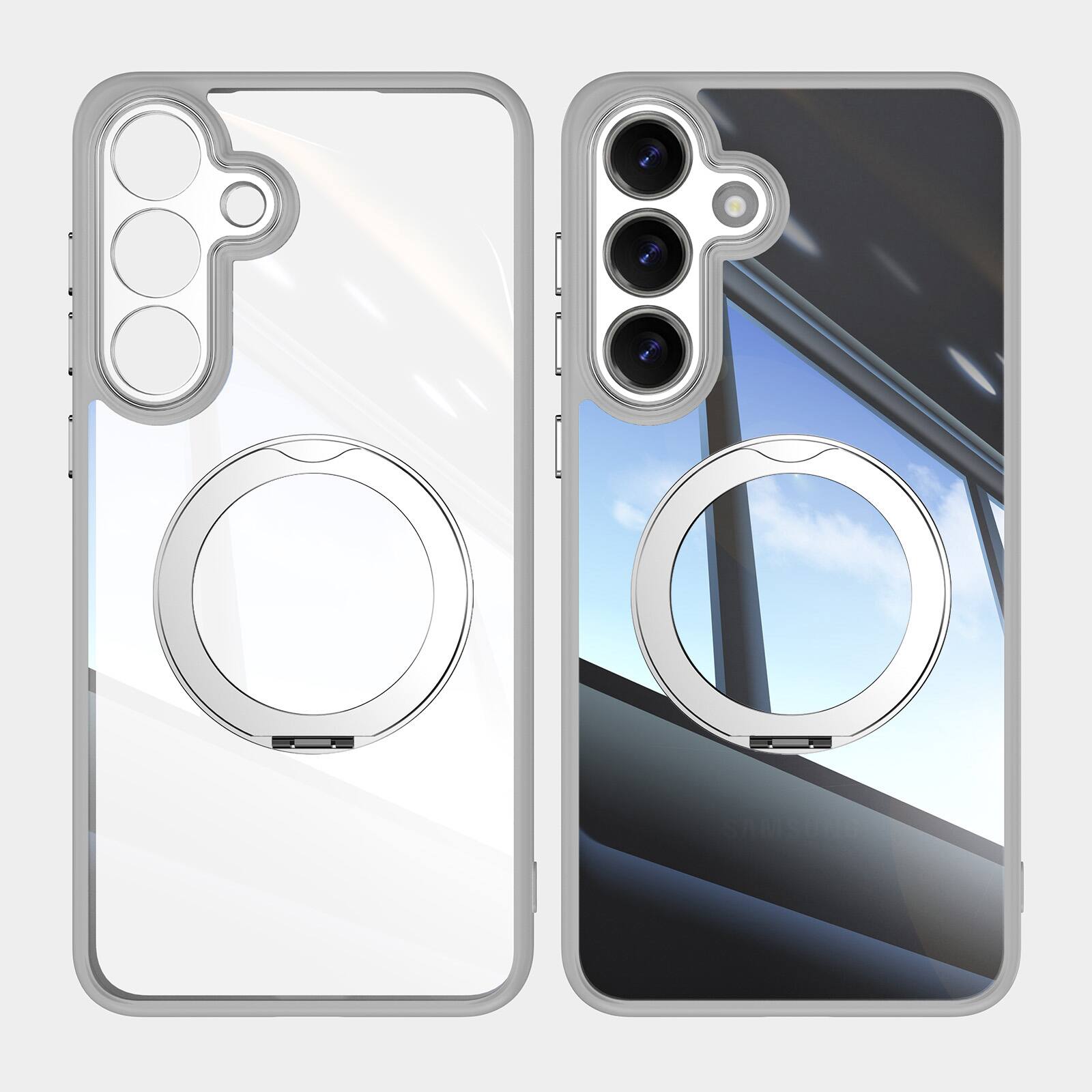 Back. Dteck - Magnetic Clear Case For Samsung Galaxy S26+, Shockproof Anti-Scratch 360° Ring Holder Stand PC+TPU Protection Cover - Gray.