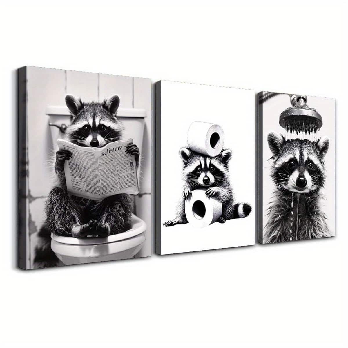 blue - 3pcs Waterproof Canvas Poster - Wooden Framed Black and White Raccoon Under Shower Art - Bedroom Office Living Room Caf - Color:12*8inch(30*20cm)